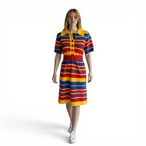 Vintage 70s Mod Striped Knit Dress S/M Retro Polo Midi Rainbow Sweater Dress